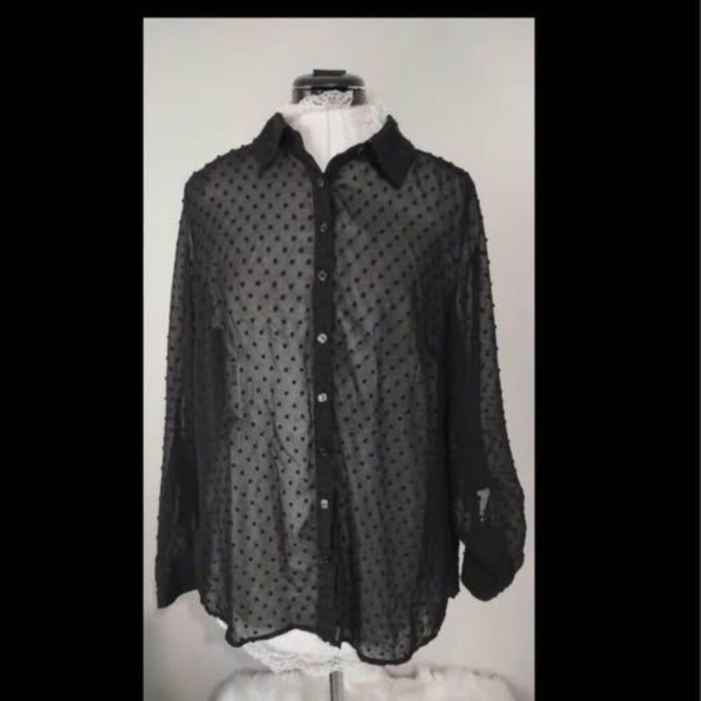 Blouse Medium Denim & Company Sheer Button 21”=pit-pit 28”=length C2728 - Picture 1 of 6